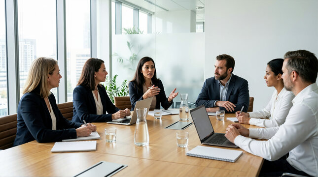 Diverse corporate team having a board meeting in a modern office. Female executive leading a strategic discussion at a conference table. Business leadership and teamwork concept