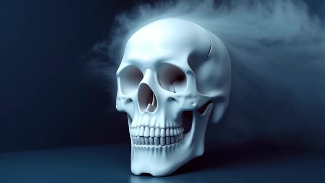 Smoke-emitting skull model - side view. Skull bone structure with smoke effect. Photorealistic CGI rendering on dark background. Forensic science, criminology. Concept of mystery and death.