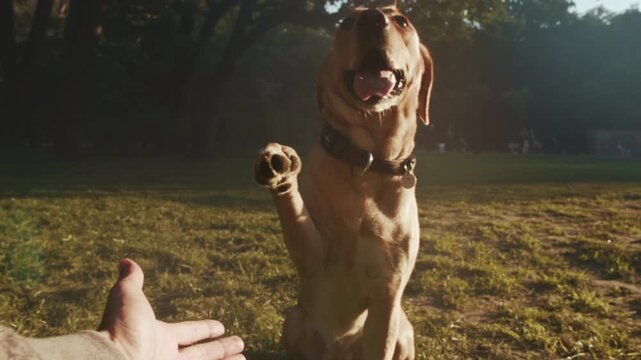 Dog eagerly receives treat, Cheerful dog in park lifts paw in obedience while trainer offers treat and praise