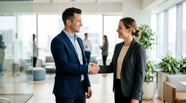 Smiling business people shaking hands in modern office. Professional man and woman concluding successful meeting or greeting client