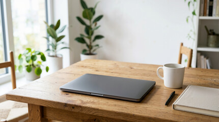 Fototapeta premium Closed laptop on a wooden desk with a coffee mug and notebook. Clean and organized home office workspace. Minimalist interior background
