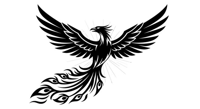 Majestic black phoenix mythological bird flying with spread wings, elegant decorative tail. Symbol of power, rebirth, strength, immortality.