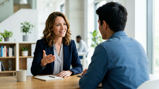 Smiling businesswoman giving advice to a male client in a modern office. Female manager talking and gesturing during a corporate meeting or job interview. Professional consulting
