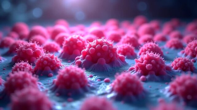3D cellular structures in focus - microscopic view. Cellular bodies with protrusions - detailed cell surface. High-resolution CGI rendering on soft background. Microbiology, cellular biology.