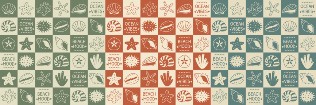 Seamless coastal ocean pattern with shells starfish coral marine icons colorful tile background beach mood ocean vibes retro summer wallpaper nautical repeat design texture