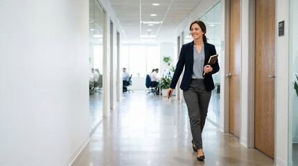 Fototapeta premium Confident businesswoman walking down a modern office hallway. Smiling female executive carrying a notebook and pen. Dynamic corporate lifestyle and career concept
