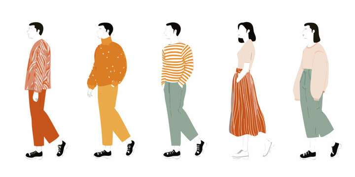 walking figures in flat color style group of five people
