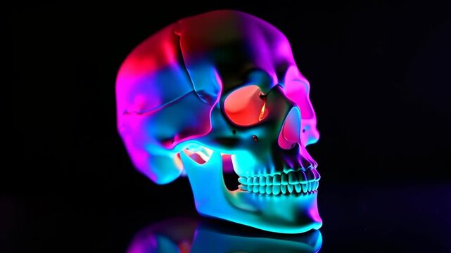 Colorful skull model spins in dark space. Neon skeleton head animation. Futuristic CGI rendering on black background. Forensic science, anatomy education. Concept of mortality and artistry.