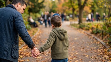 Fototapeta premium Father holding his son's hand while they walk through autumn park