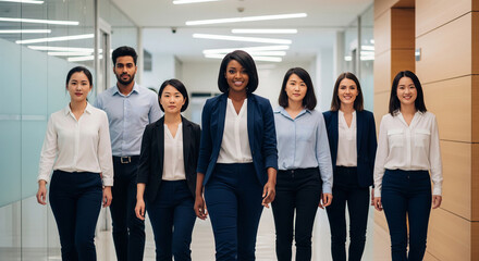 Fototapeta premium Large diverse team of business professionals walking confidently in the office perfectly for representing dynamic corporate progress strong leadership and ambitious team strategy