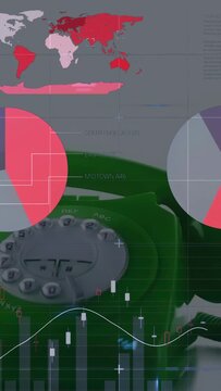 Vertical video: Handset appearing, green phone showing pie, bars, spinning gauges showing trends