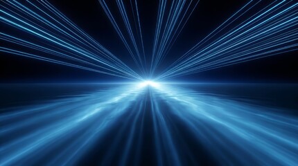 Fototapeta premium Abstract background with glowing blue light rays and energy streaks moving towards a bright horizon in deep space