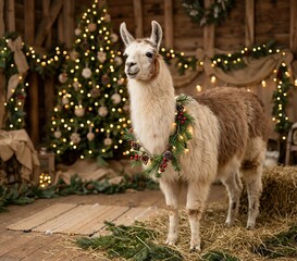 Fototapeta premium Cute llama wearing a festive holiday wreath with lights standing near a decorated Christmas tree. Funny winter celebration concept