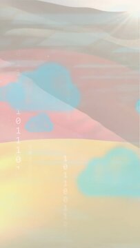 Vertical video: Pastel bands rippling sun flaring sparking blue blobs drifting adding digital layer