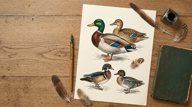 Vintage illustration of three ducks on paper. Flat lay with dip pen inkwell feathers and old book on rustic wooden table. Copy space for text