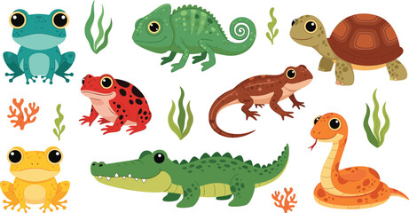 Obraz premium Cute reptile and amphibian animals collection with cartoon frog lizard turtle crocodile and snake vector set