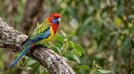 Obraz premium Colorful Eastern Rosella parrot perched on a tree branch. Vibrant wild bird with red blue and yellow plumage. Australian native wildlife in natural habitat