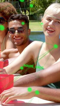 Vertical video: Trio by pond with red cups as frames progress green ROUTE_CALC tech tracking trio