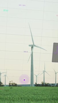 Vertical video: Turbine spinning as breeze hits blades, purple target pulsing, HUD showing data