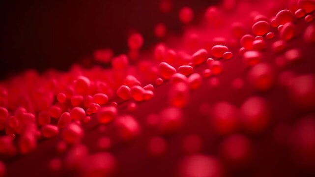 Red beads lie on red background. Spherical objects with glossy texture. Macro shot, soft focus. Blood cells, medical imagery. Concept of health and biology.