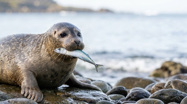 Spotted seal holding a fish in its mouth on a rocky shore. Wild marine mammal eating prey by the ocean. Coastal wildlife feeding in natural habitat