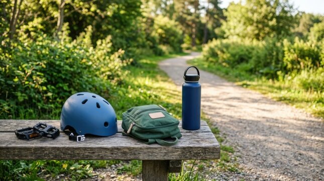 Still life of bicycle pedals, child helmet, water bottle on bench outdoors