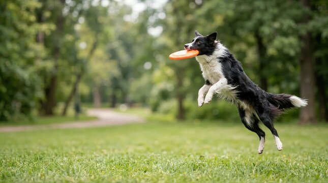 Black and white Border Collie jumping to catch an orange flying disc. Athletic dog playing fetch in a green grassy park. Active canine in mid-air