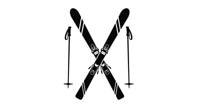 Crossed skis and poles silhouette on white background