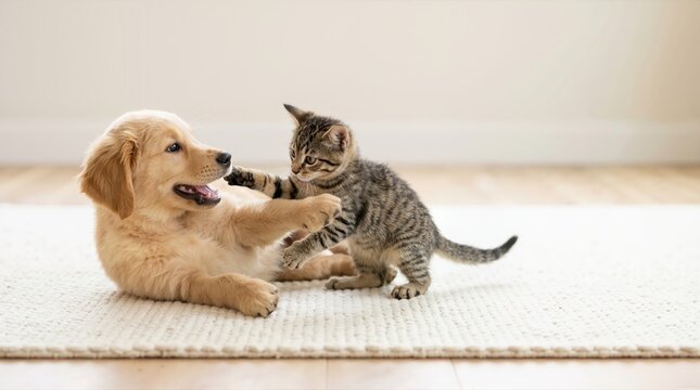 Golden retriever puppy and tabby kitten playing together on a white rug. Cute domestic pets interacting indoors