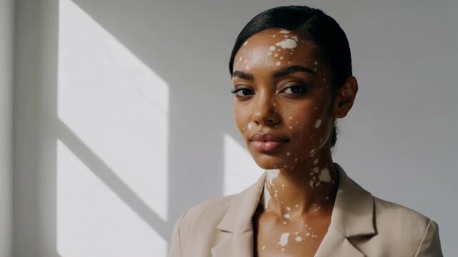 Young woman with vitiligo skin condition in beige blazer looking at camera, close up shot