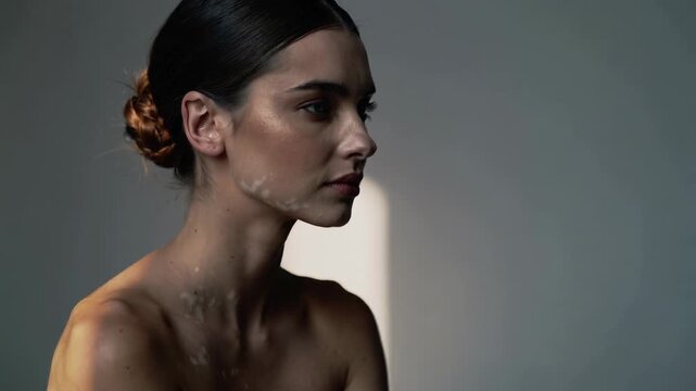 Young woman with vitiligo skin condition looking away against grey background, close up shot