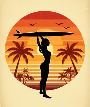 playa, surfista, silueta, atardecer, mar, verano, mujer, la palma, sol, vector, &aacute;rbol, ilustraci&oacute;n, tropical, surfista, paisaje, naturaleza, cielo, par, vacaciones, amor, acu&aacute;tico, oleaje, viajando, s