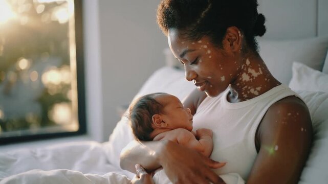 Black mother with vitiligo holding her newborn baby in bed, medium shot, soft morning light