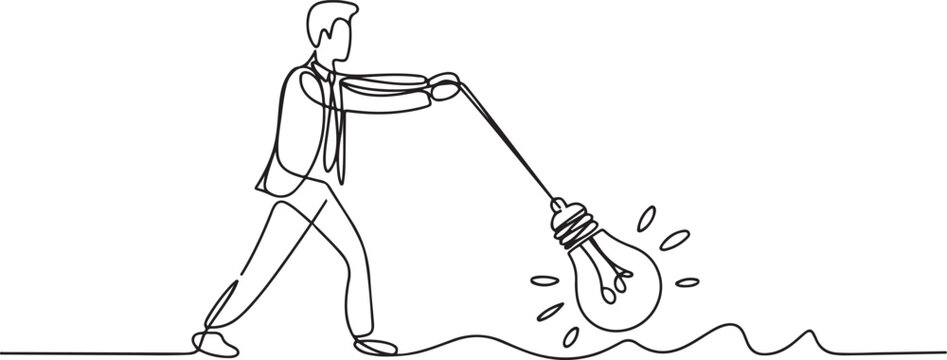 Illustration of businessman manager pull bright lightbulb as pendulum to transfer knowledge. one line Icon drawing