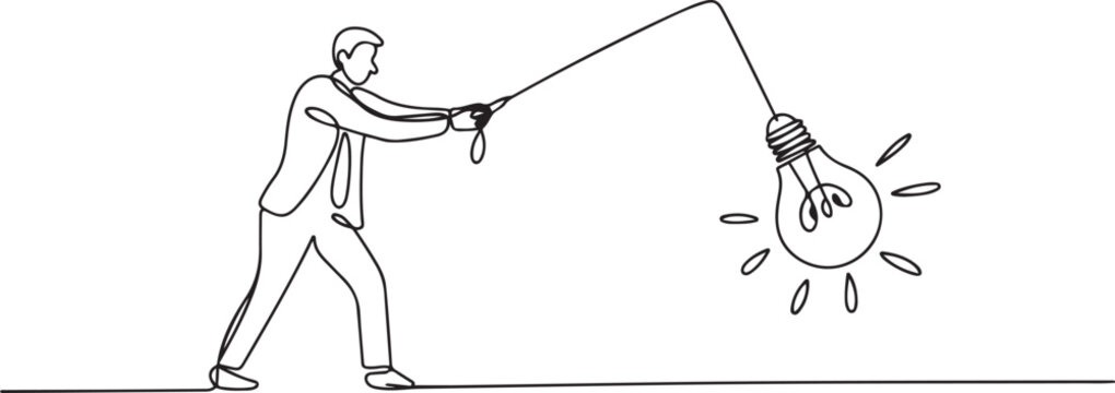 Illustration of businessman manager pull bright lightbulb as pendulum to transfer knowledge. one line Icon drawing