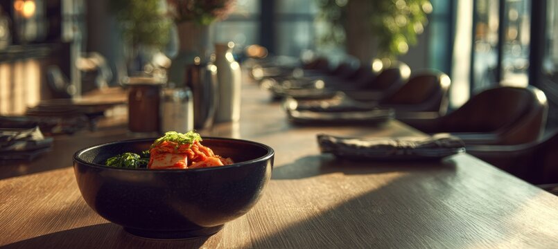 Dining environment with kimchi bowl placed lower right corner of long uncluttered table