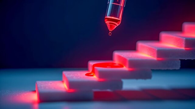 Glass dropper dripping red liquid. Staircase illuminated with glowing steps. Futuristic CGI rendering on dark background. Biotechnology, molecular structure. Concept of progress and advancement.