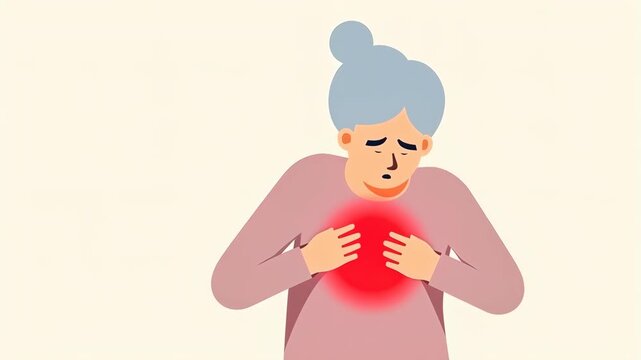 Older woman holds chest. Grandma feels sudden pain. Concerned expression at home. Health issue, medical emergency situation. Concept of worry and care.