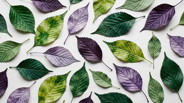 Collection of colorful leaves on white background.