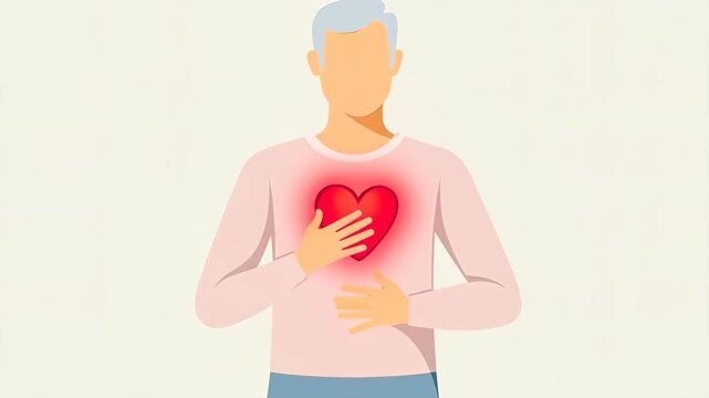 Older man holds heart symbol. Senior citizen with red heart. Calm, reflective mood at home. Health awareness, self-care theme. Concept of love and compassion.