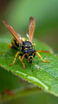 Wasp on a bright green leaf, portrait of a yellowjacket. Focus on its face