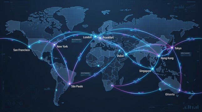 Global Network Connections Map with Major World Cities Data