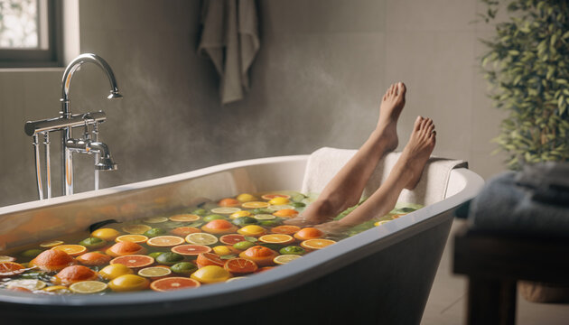 Relaxing in a bathtub filled with fruits while enjoying self care time at home in the afternoon