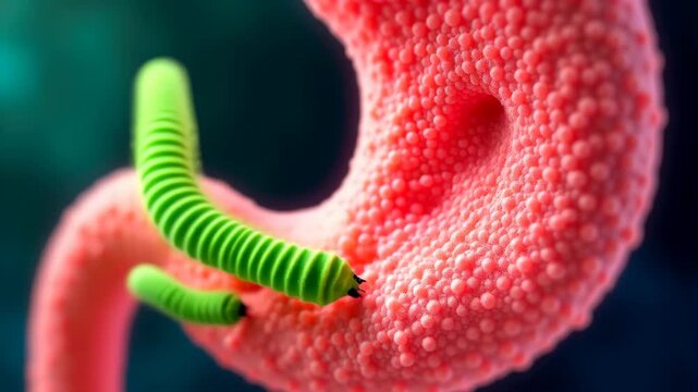 3D rendered stomach lining. Mucosa model with villi. High-resolution CGI rendering on dark background. Gastroenterology, digestive system. Concept of health and nutrition.
