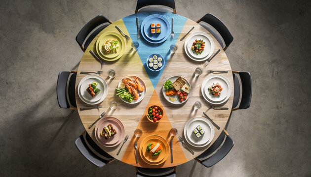 Group of people enjoys a variety of dishes at a round table set in a casual dining area during lunchtime