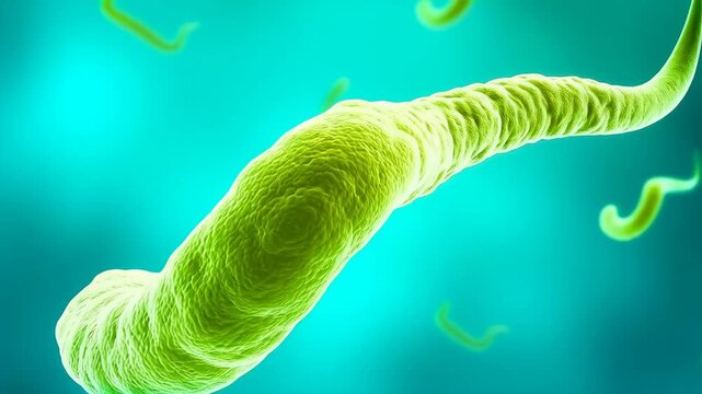 Bacteria move in fluid environment. Microorganisms exhibit motility. Fluorescent microscopy, green hues. Microbial dynamics, cellular behavior. Concept of survival and adaptation.