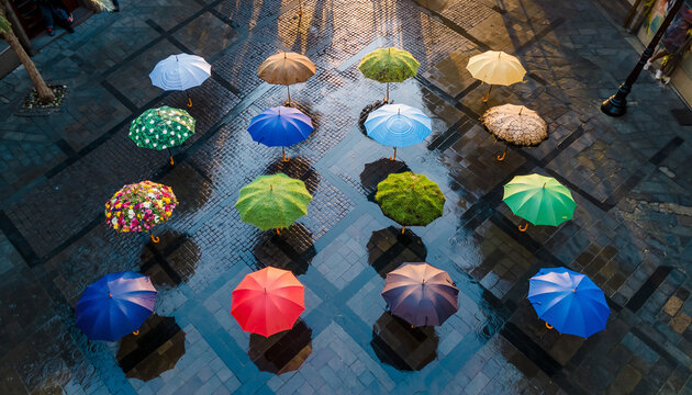 Colorful umbrellas arranged on wet pavement during daylight in a busy urban area