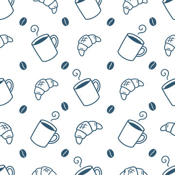 Seamless pattern with coffee mugs, croissants, and coffee beans handdrawn blue line art on