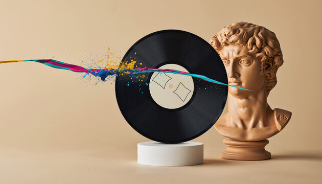 Creative studio shot of a sculpture, vinyl record, and colorful paint splash on a plain background