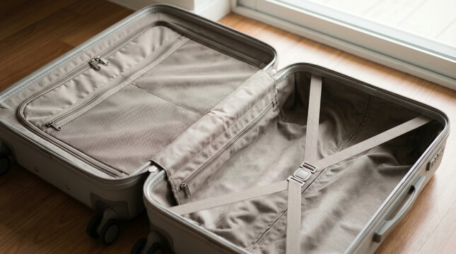 Empty suitcase on floor, unprepared mood, travel problems packing concept indoors
